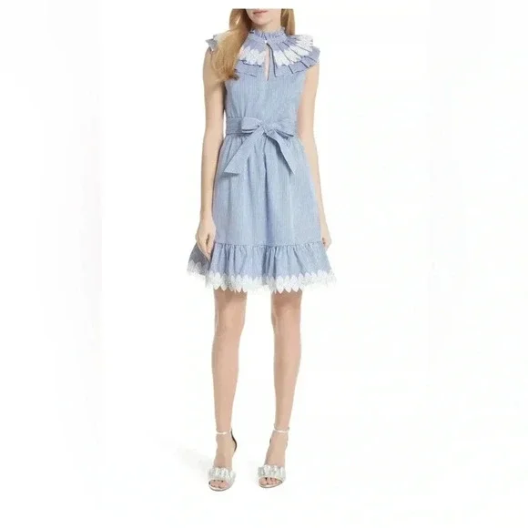 809 Ted Baker stripped blue white lace detail midi dress size 4 - Picture 7 of 14